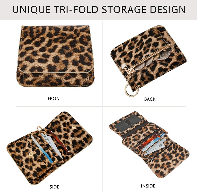 Sunpour Women Small Wallet RFID Blocking Slim Wallet with Coin Pocket Tri-Fold Credit Card Holder with ID Window and Keychain (Leopard) - Image 4